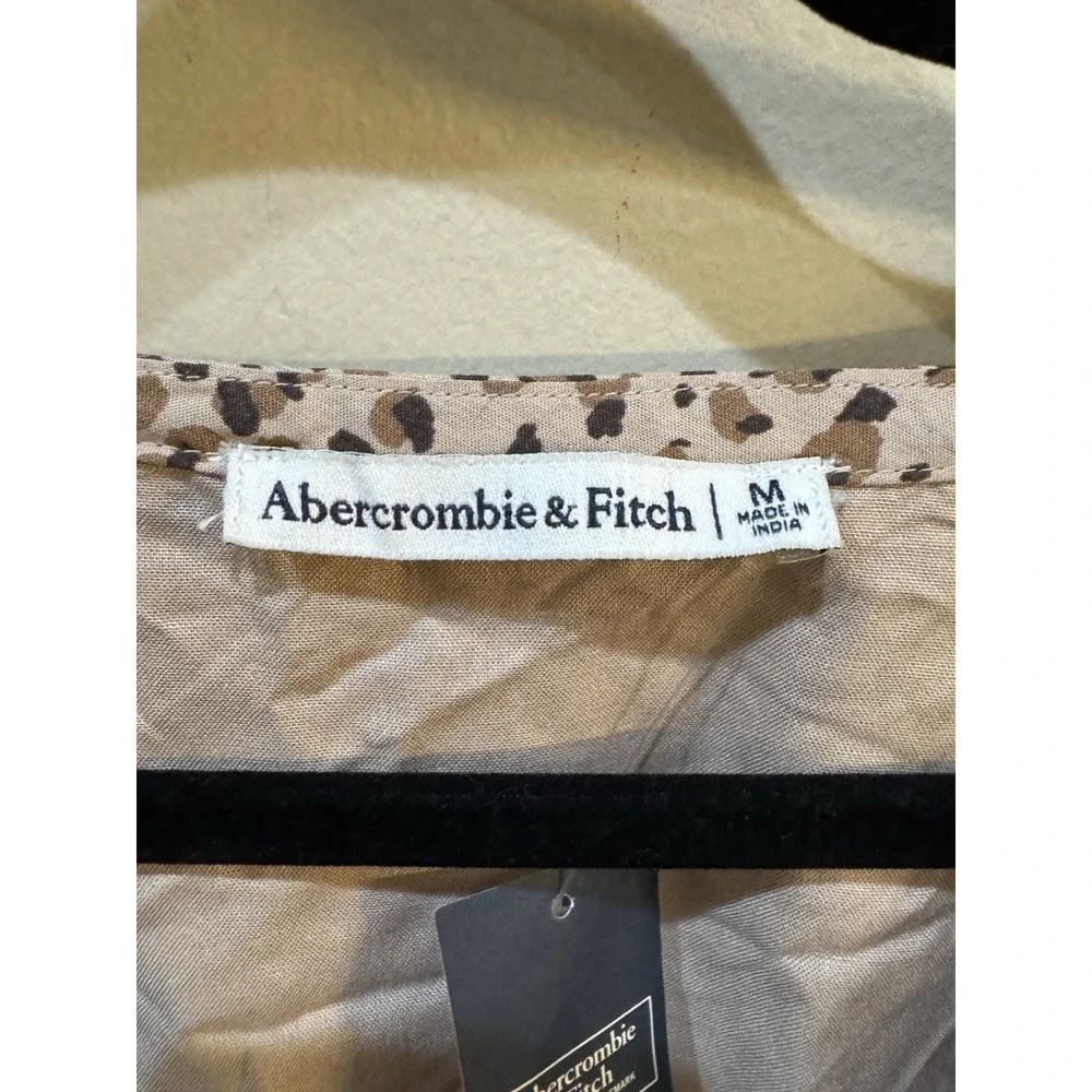 Abercrombie & Fitch Leopard Print Smocked Waist V Neck Puff Tie Sleeve Blouse